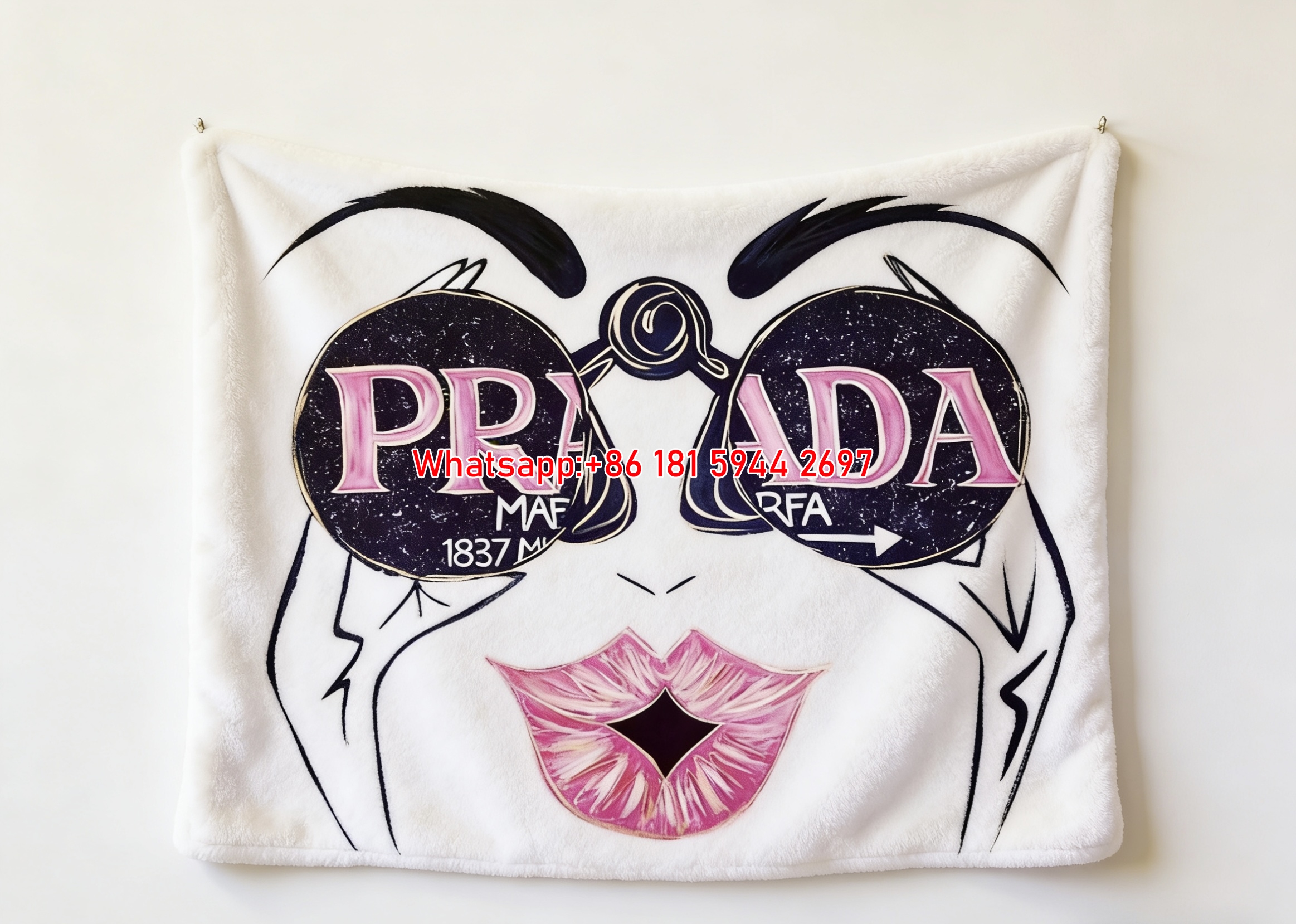 Prada Pop Art Pink Lips Sunglasses Print White Fleece Sofa Throw Blanket IMG_2710